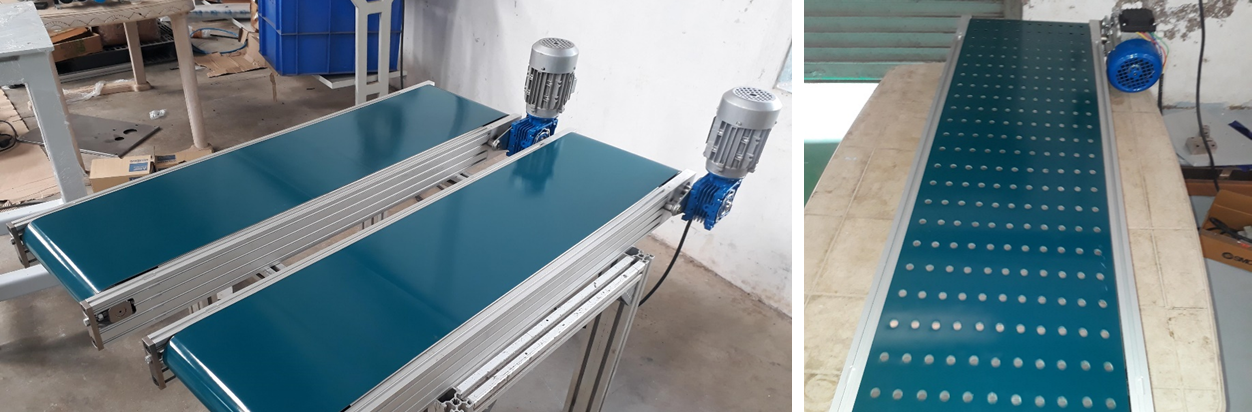 Twin modular belt conveyors and a perforated food-grade belt conveyor