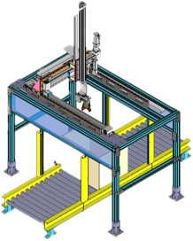 CAD model of a gantry pick and place system with pallet conveyor beneath
